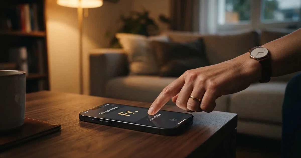 Nahaufnahme einer Hand, die auf einem Smartphone eine Zahlungsbestätigung antippt, im Hintergrund eine gemütliche Wohnzimmerecke am Abend.