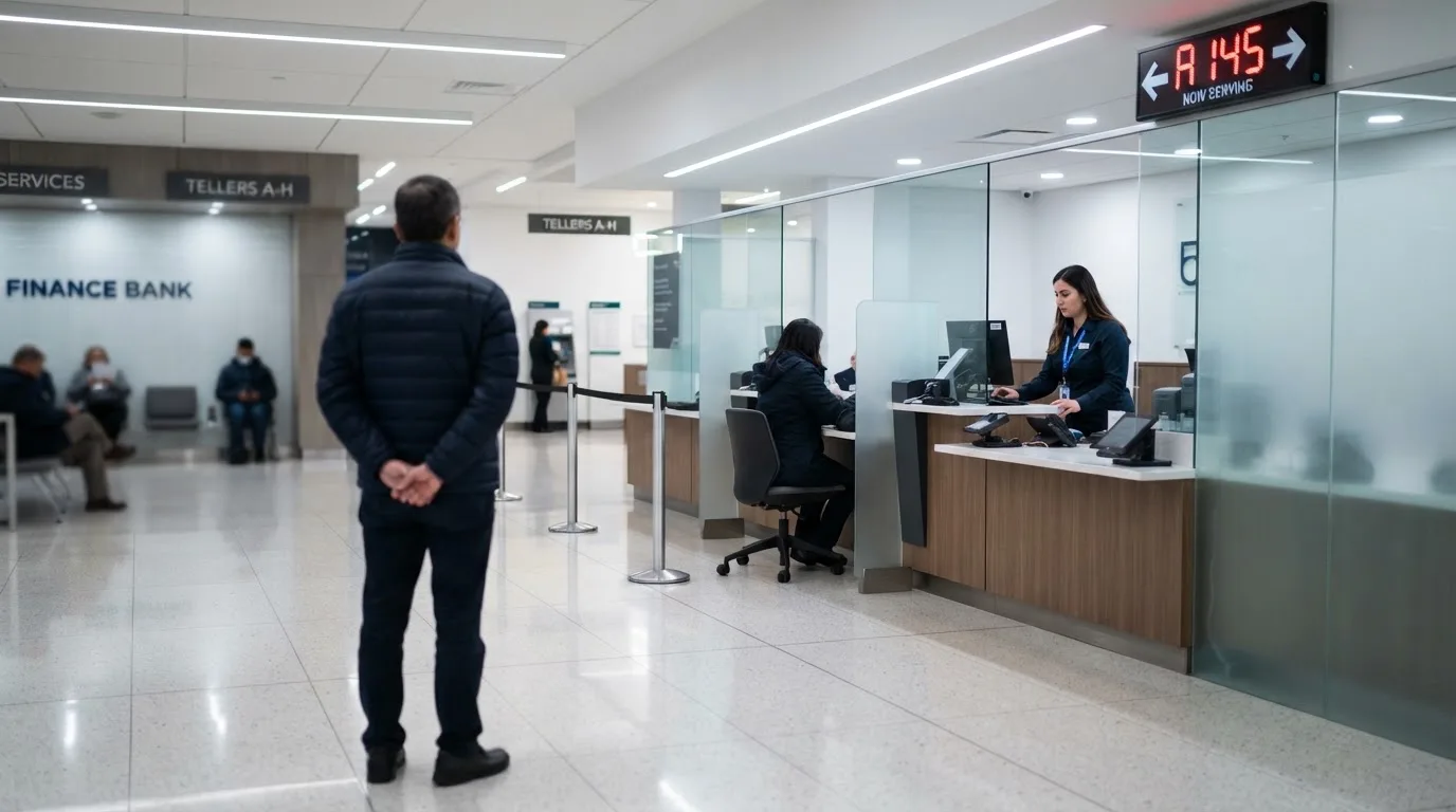 Blick über eine Bankfiliale mit Kundenschalter, im Vordergrund unscharf eine wartende Person mit Jacke.