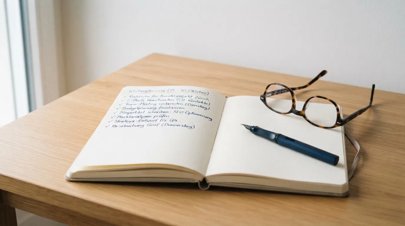Ein Notizbuch mit handschriftlichen Stichpunkten liegt neben einer Brille auf einem Holzschreibtisch bei Tageslicht.