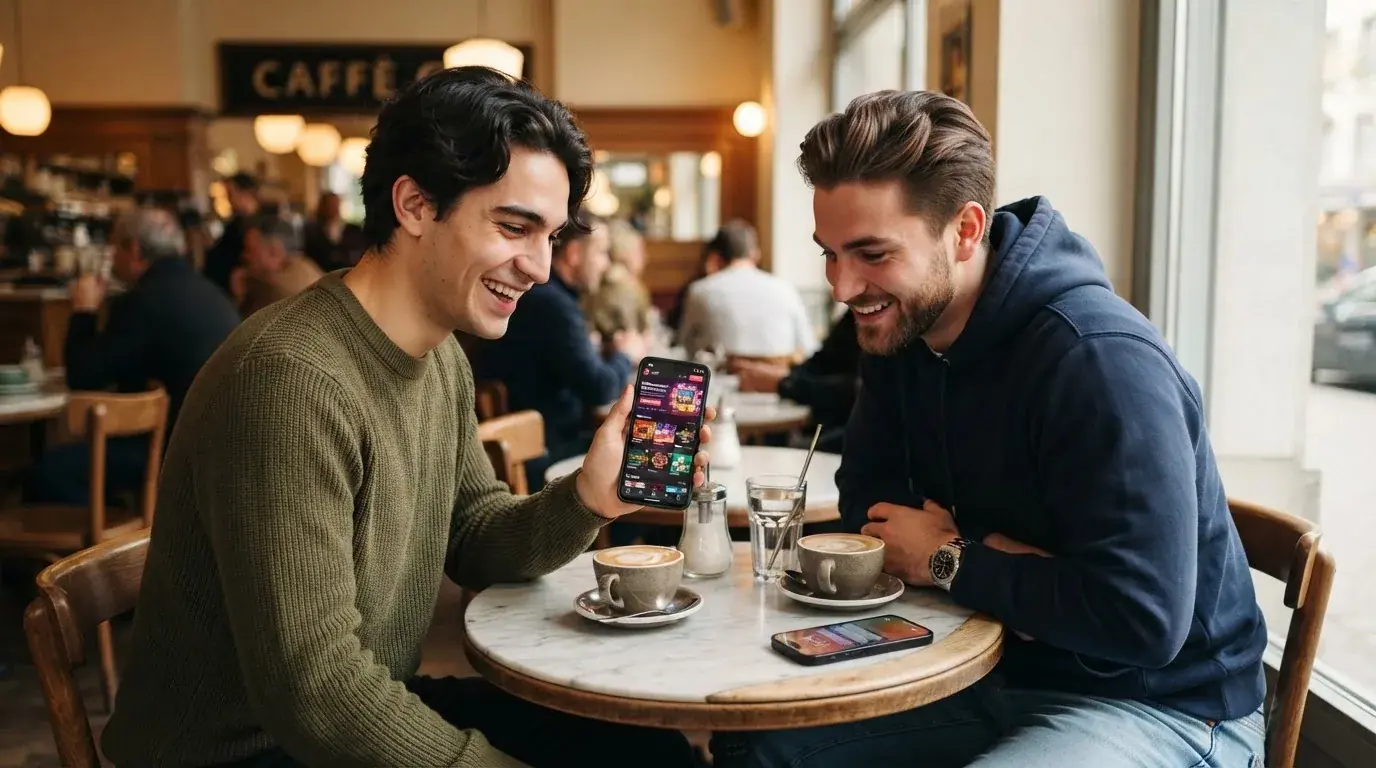Zwei Freunde sitzen mit Smartphones am Cafétisch, einer zeigt lächelnd etwas auf seinem Bildschirm.
